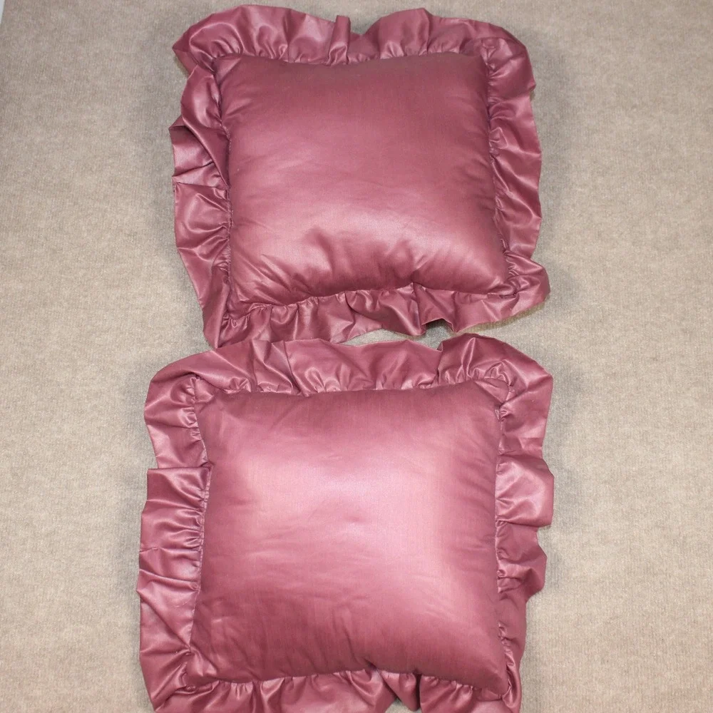 Vintage Mauve Satin Ruffled Throw Pillows Set of 2 Square Decorative Accent Rose